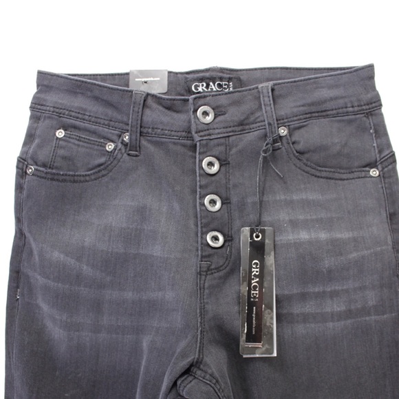 GRACE in LA Destroyed Button Fly Easy-Rise Vintage Black Skinny Jeans 28 6 NEW - Picture 6 of 13